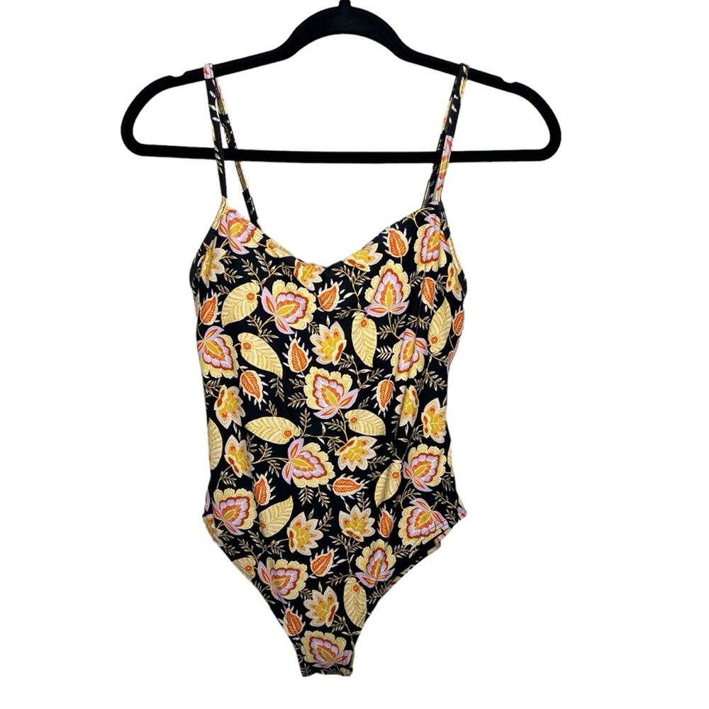 LOFT / black yellow orange floral leaf print one piece swimsuit / L